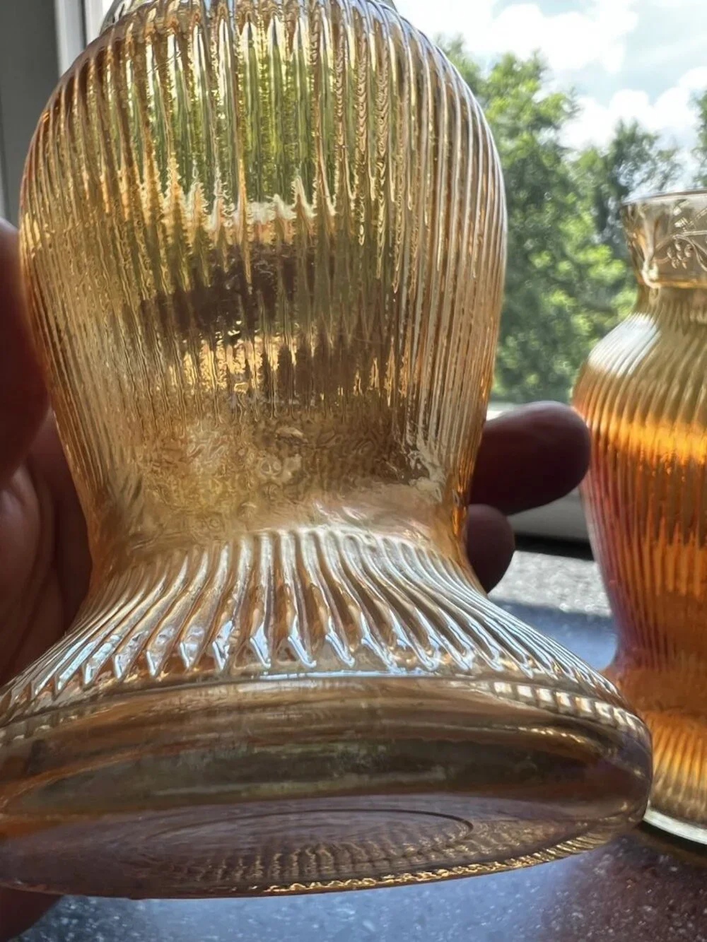 c1928 Pair/2 Jeanette Prism & Daisy Band Floral Ribbed Iridescent Glass 6
